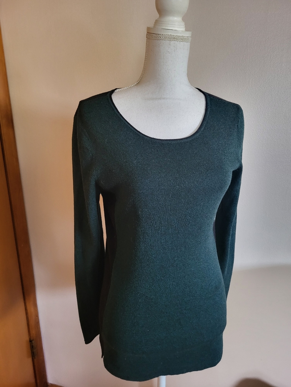 Nic+Zoe Two Tone Scoop Neck Cotton Blend Sweater Green Black Size Medium